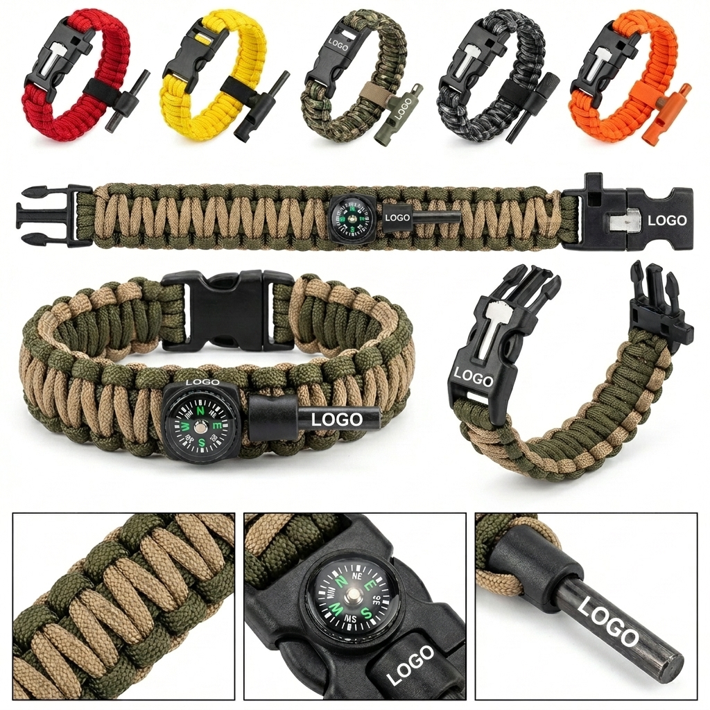All-Terrain Survival Paracord Bracelet with Integrated Compass, Fire Starter & Whistle