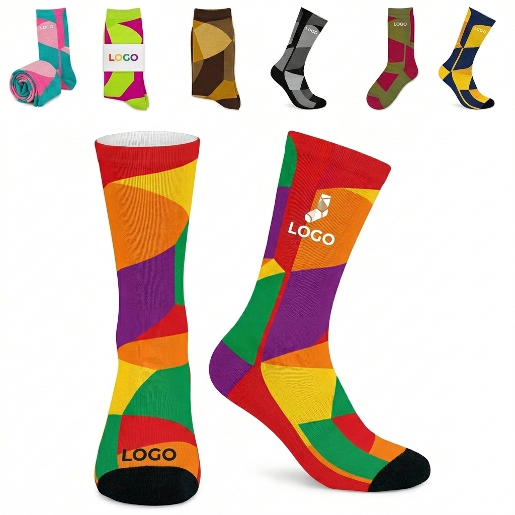 Full Color Custom Dye Sublimation Crew Socks with Black Toe Accent