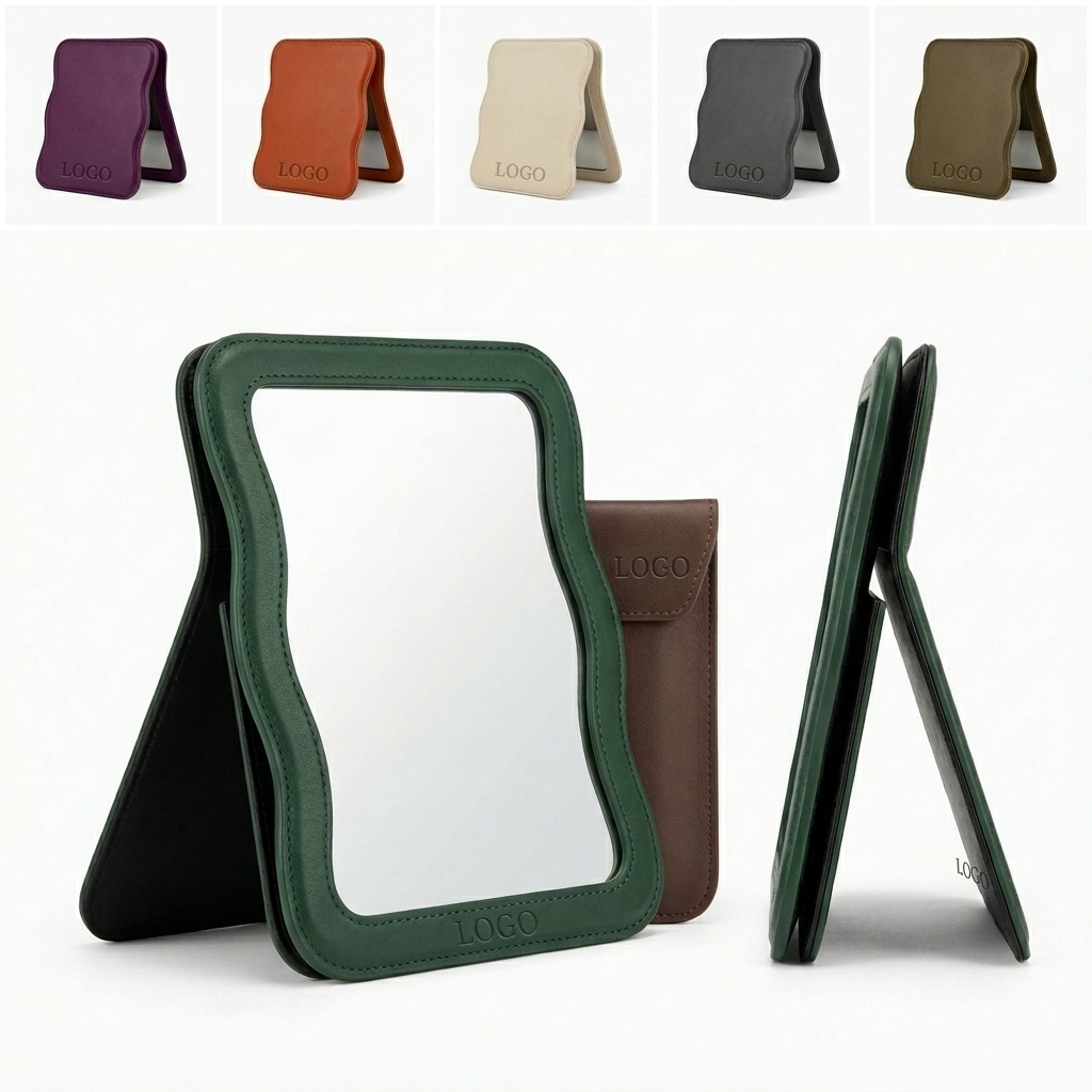 Compact Wavy Design Mirror with PU Case, Foldable Stand for Travel & Desk
