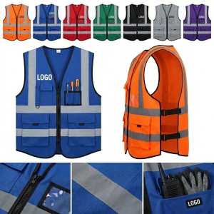 High-Visibility Zippered Overalls Vest with Reflective Strips and Pockets